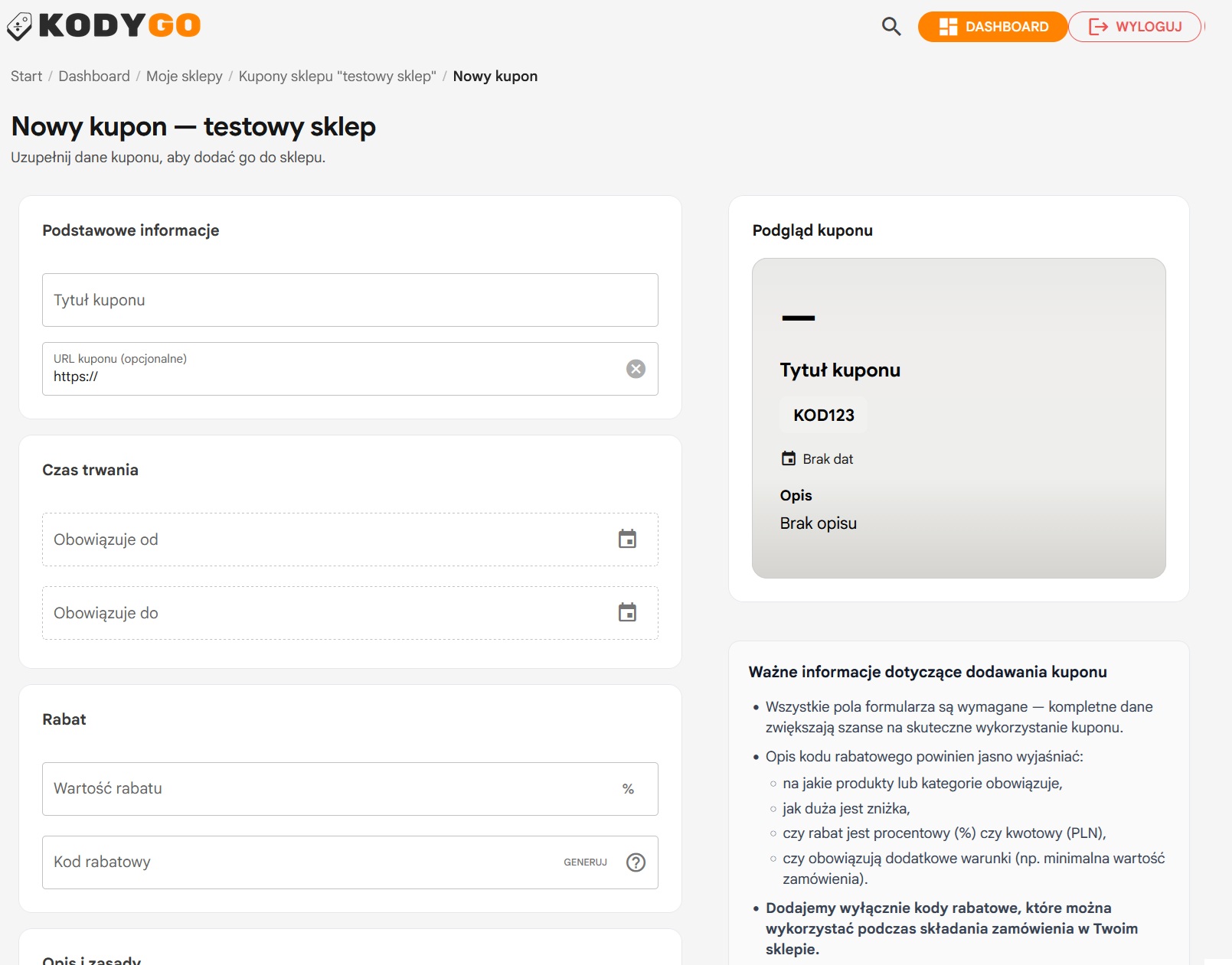 Formularz dodawania kuponu