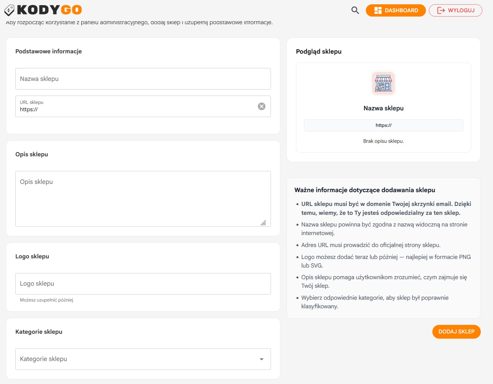 Formularz dodawania sklepu